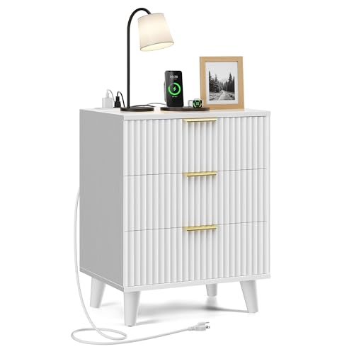 White Nightstand, 20 inch Fluted Modern Night Stand with Charging Station, Wooden Side Table with 3 Large Storage Drawers Modern Wood Bedside End Table for Bedroom Sofa Office - color: White, size: 1pcs