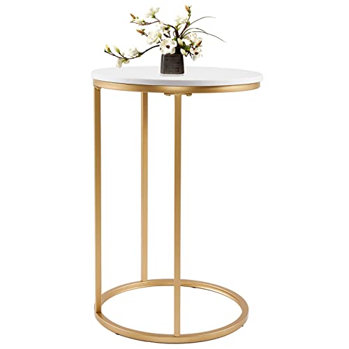 RiteSune Round C Shaped End Snack Side Table Slide Under Couch with Marble Top for Sofa Coffee Laptop Living Room Bedroom Small Space, 16" D x 24" H - color: Gold