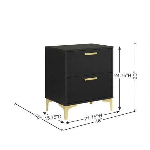 Furnifact Black Nightstand, 2 Drawers, Modern Design, Gold Metal Legs, Durable Construction, Stylish Bedroom Storage, Contemporary Finish