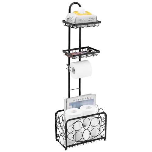 Oasis Creations Toilet Paper Holder Tissue Rack Stand with Magazine Toilet Roll Storage Basket- Freestanding, Black Metal - color: Black
