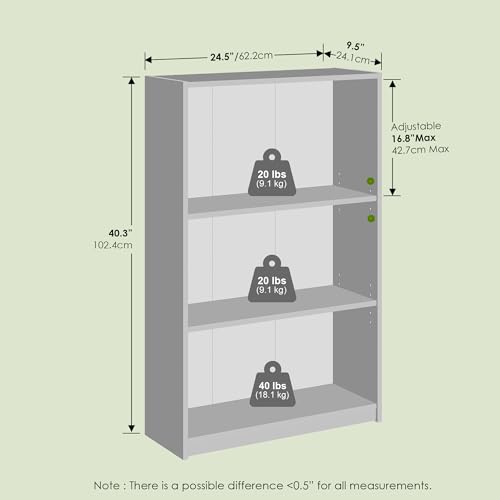Frei 3-Tier Adjustable Bookcase, Bookshelf, for Living Room and Home Office, Black Oak - color: Black Oak, size: 9.5 (D) x 24.5 (W) x 40.3 (H) inches