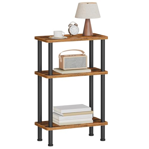 HOOBRO Narrow Side Table, 3-Tier Slim End Table No Tools Needed, Twist-On Assembly, Skinny Nightstand Sofa Storage Shelf for Living Room, Bedroom, Study, Rustic Brown and Black BF246BZ01N1 - color: Rustic Brown + Black