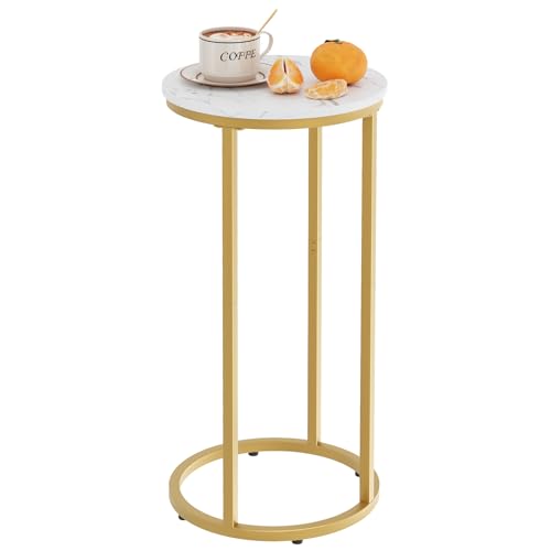 C Shaped end Table,Wood Round Side Table for Couch,Small Sofa Table with Metal Frame for Bedroom,Living Room,Bedside,Gold Color(11.81" D x 11.81" W x 23.62" H) - color: White Marble+gold, size: 1 Tier