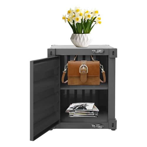 Industrial Style Container Cabinet, Iron Bedside Table with Lock, Shipping Container Style End Table, Wrought Iron Container Side Table for Living Room Bedroom Office (Black) - color: Black