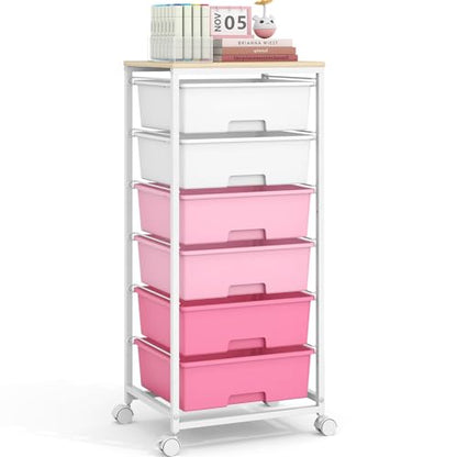 Rolling Storage Cart with 6 Drawers and Wooden Tabletop, Lockable Wheels Utility Cart for Art Studios, Office Supplies & Craft Room Organization (Pink) - color: Pink