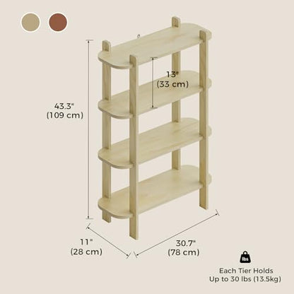 Bookshelf, Wood Shelf Bookcase, Book Shelf 4-Tier, Natural | Modern Open Bookshelf, Freestanding Storage Shelf Organizer, Display Shelf Shelving Unit for Living Room, Bedroom, Office - size: 4-Tier