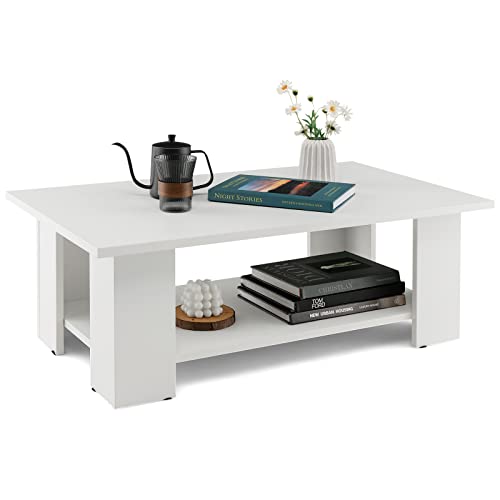 Tangkula 2-Tier Coffee Table, Modern Rectangular Center Cocktail Table with 5 Support Legs, Wooden Accent Living Room Furniture, Small Coffee Table for Small Spaces, Easy Assembly (White) - color: White