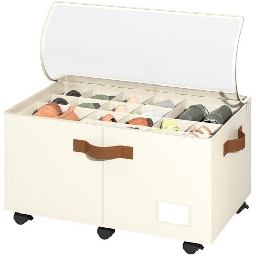 Foyego Shoe Organizer for Closet, Shoe Storage Organizer with Wheels and Adjustable Dividers, Stackable Shoe Storage Box with Clear Cover, Foldable Closet Shoe Organizer Fits up to 24-48 Pairs, Beige - color: Beige, size: 25 ½"L x 17"W x 12 ½"H