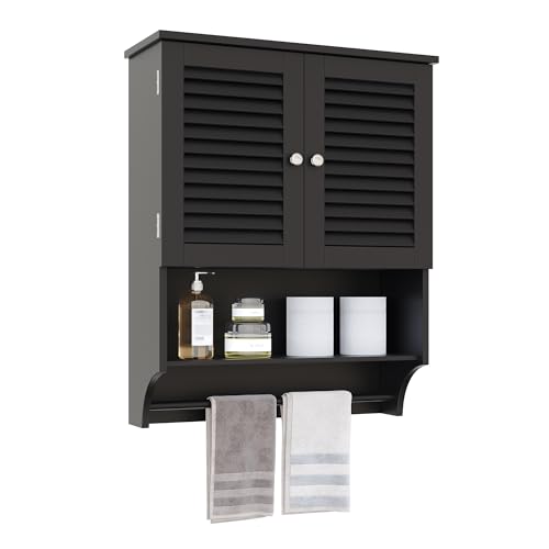 ChooChoo Bathroom Wall Cabinet with Towel Bar and Ample Storage | 23.6"L x 7.9"W x 27.5"H MDF Medicine Cabinet, Over The Toilet Space Saver Storage Cabinet with Adjustable Shelf, Black - color: Black, size: 23.6"L x7.9"W x27.5"H