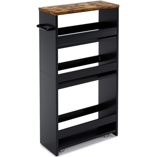 MARTY Slim Rolling Storage Cart, 4 Tier Utility Cart with Wheels, Black | Laundry Room Organization, 5.5" Wide, Wood Kitchen Cart with Handle, Trolley for Kitchen Bathroom Narrow Place Small Corner - color: Black, size: 5.51"D x 15.75"W x 31.5"H