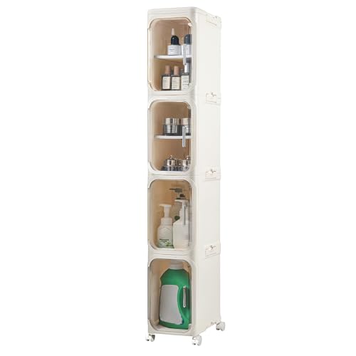 LXLXXL 4-Tier Narrow Storage Cabinet Slim Bathroom Storage Cabinet with Movable Wheels Tall Bathroom Organizer Skinny Cabinet for Small Spaces，Beige - color: Beige, size: 4-tier
