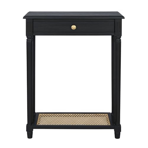 East at Main Lenora Black Narrow Console Table for Entryway with Drawer | 23.75-inch slim hallway table with cane shelf, solid wood frame, French country accent furniture for small spaces - color: Black