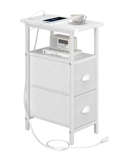 sthmec Narrow End Table with Charging Station, Narrow Side Table with 2 Fabric Drawers, Slim Nightstand, Skinny Bedside Table, Small Side Table for Small Spaces, Living Room, Bedroom, White - color: White, size: 7.87'' W x 15.75'' D x 24.37'' H, style: Po