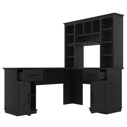 L-Shaped Home Executive Desk with 2 Cabinets and 2 Drawers, Computer Desk with Power Outlet, 11 Open Shelves and 1 Right Flip Shelf with Storage for Study, Living Room and Office (Black-02) - color: Black-02
