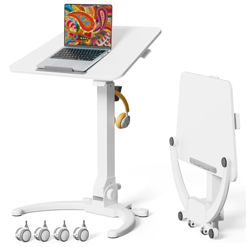 JOY worker Foldable Mobile Standing Desk, Upgraded Height Adjustable Rolling Desk, Max Height 47.6", 90° Tiltable Board & Base, Portable Workstation with Moveable Wheels, Holds Up to 22lbs, White - color: White, size: Height Range:32.3-47.6"