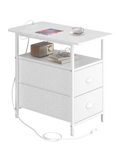 sthmec End Table with Charging Station, Narrow Side Table with 2 Drawers, Nightstands with Drawers, USB Ports & Power Oulets,Slim Sofa Side Tables for Small Spaces,Living Room,Bedroom, White - color: White, size: 11.75'' W x 21'' D x 24.3'' H, style: Powe