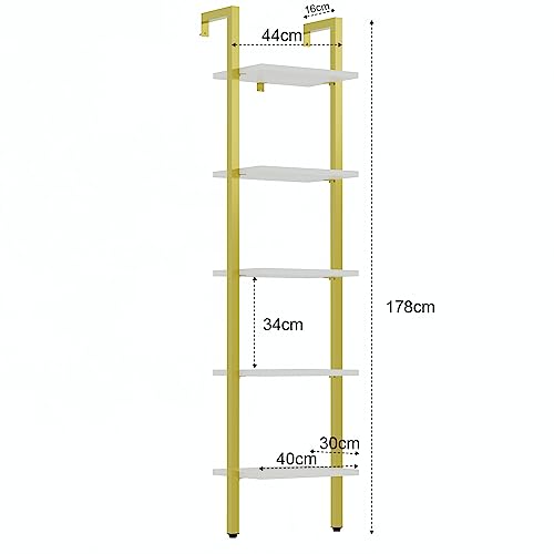 YMYNY 5 Tiers Ladder Bookcase, Industrial Wall Mounted Bookshelf, Open Display Rack with Metal Frame, Wooden Storage Shelves for Bedroom, Home Office, Living Room, White+Gold, 70*17.3*11.8"UHBC015W - color: White and Gold