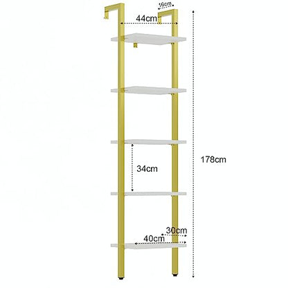 YMYNY 5 Tiers Ladder Bookcase, Industrial Wall Mounted Bookshelf, Open Display Rack with Metal Frame, Wooden Storage Shelves for Bedroom, Home Office, Living Room, White+Gold, 70*17.3*11.8"UHBC015W - color: White and Gold