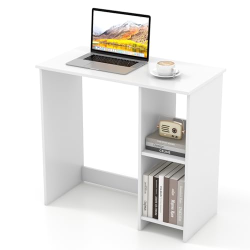 Giantex White Small Desk for Bedroom, 31.5 Inch Home Office Computer Desk with Shelves, Space Saving Study Writing Desk, Modern Simple Laptop Desk for Small Spaces, White - color: White