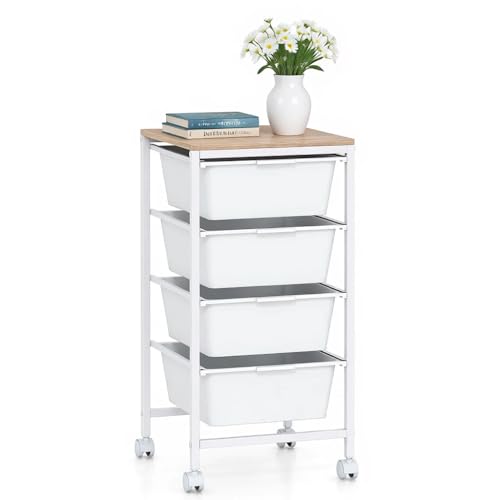 Rolling Cart with Drawers, 4 Drawer Rolling Storage Cart with Wooden Tabletop, Metal Frame & Lockable Wheels, Craft Organizers and Storage for Home Office Classroom (White, 4 Drawer) - color: White, size: 4 Drawer