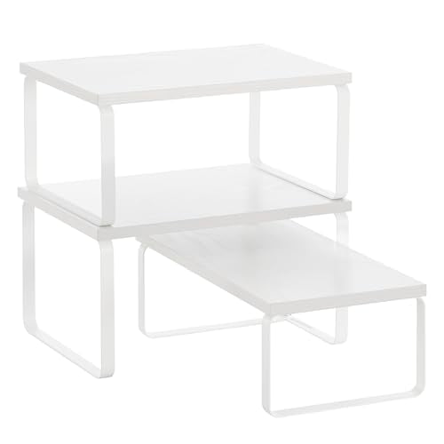 SONGMICS Cabinet Organizer Shelf, Set of 3 Kitchen Counter Shelves, Kitchen Storage, Spice Rack, Stackable, Expandable, Snow White and Matte White UKCS220W01 - color: Snow White + Matte White