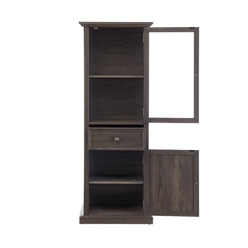 65" Tall Bookcase with Tempered Glass Door, Elegant Freestanding Display Cabinet with Drawer, Modern Wooden Kitchen Pantry Storage Cabinets for Living Room/Office(Brown) - color: Brown & 24 X 65