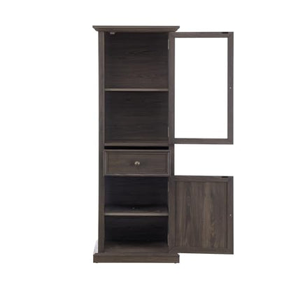 65" Tall Bookcase with Tempered Glass Door, Elegant Freestanding Display Cabinet with Drawer, Modern Wooden Kitchen Pantry Storage Cabinets for Living Room/Office(Brown) - color: Brown & 24 X 65