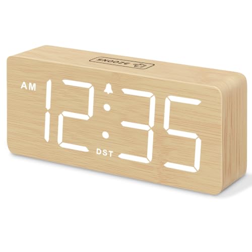 DreamSky Wooden Digital Alarm Clock for Bedroom - Desk Clocks for Living Room with Large Numbers, Dimmer, Loud Alarm for Heavy Sleepers with Volume Control, DST, Office Wood Decor (Plug in Clock) - color: Bamboo-white (Plug-in)