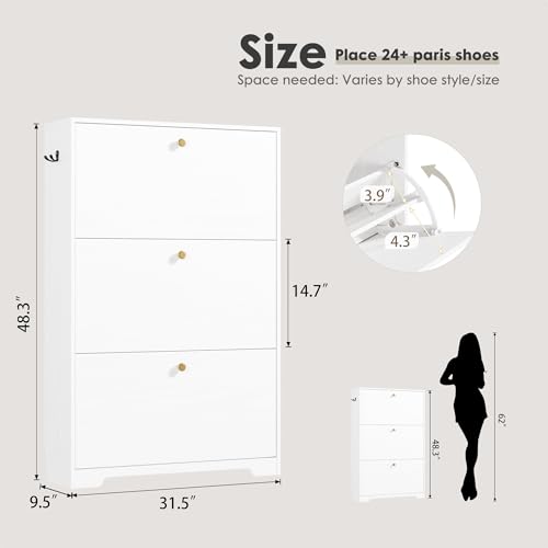 Nicetree Shoe Cabinet with 3 Flip Drawers, Narrow Shoe Organizer Cabinet, Freestanding Shoe Rack Cabinet, Modern Shoe Storage Cabinet for Entryway, Hallway, Foyer, White with Hook - color: White, style: 3-Drawers with Hook