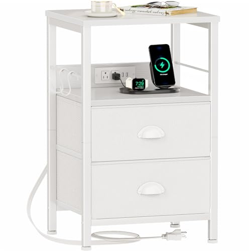 Furologee End Table with Charging Station, Nightstand with Fabric Drawers, Side Tables with USB Ports & Outlets, Night Stand with Storage Shelf & Hooks, for Living Room/Bedroom, White - color: White, size: 1 pc