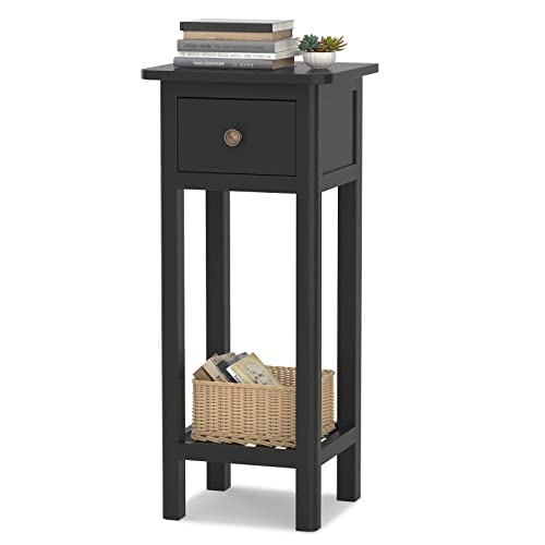 Giantex Tall End Table, Narrow Side Table with Drawer and Shelf, Acacia Wood Nightstand for Living Room, 2-Tier Bedside Table for Small Space, No Assembly, Black - color: Black