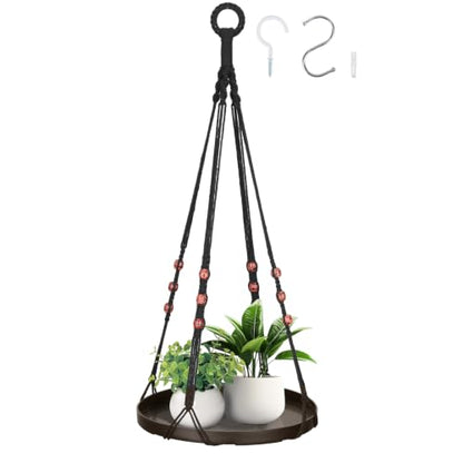 GREANER 1PCS Indoor Hanging Planter Shelf, Brown Hanging Basket with Handmade Cotton and Large Tray, Ceiling Plant Hangers for Wall, Porch, Patio, Balcony, and Window - color: Brown