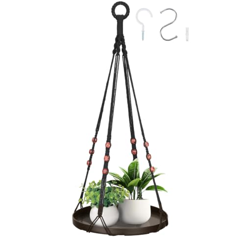 GREANER 1PCS Indoor Hanging Planter Shelf, Brown Hanging Basket with Handmade Cotton and Large Tray, Ceiling Plant Hangers for Wall, Porch, Patio, Balcony, and Window - color: Brown