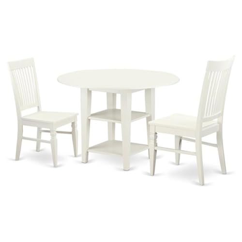 East West Furniture SUWE3-LWH-W 3 Piece Modern Dining Table Set Contains a Round Wooden Table with Dropleaf & Shelves and 2 Dining Room Chairs, 42x42 Inch, Linen White - style: SUWE3-LWH-W