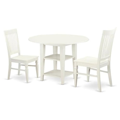 East West Furniture SUWE3-LWH-W 3 Piece Modern Dining Table Set Contains a Round Wooden Table with Dropleaf & Shelves and 2 Dining Room Chairs, 42x42 Inch, Linen White - style: SUWE3-LWH-W