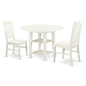 East West Furniture SUWE3-LWH-W 3 Piece Modern Dining Table Set Contains a Round Wooden Table with Dropleaf & Shelves and 2 Dining Room Chairs, 42x42 Inch, Linen White - style: SUWE3-LWH-W