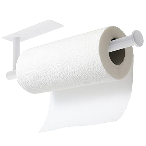 theaoo Under Cabinet Paper Towel Holder for Kitchen, Self-Adhesive, White | Wall Mounted Paper Towel Roll Rack for Bathroom or Kitchen, SUS304 Stainless Steel, Install with Adhesive or Screws - color: White