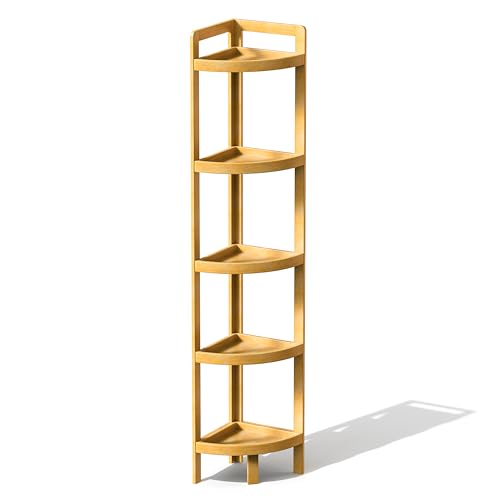 2026 New Bamboo Standing Shelf, 5 Tier Corner Shelf Stand, Free-Standing Shelf Units, Triangular Curved Corner Shelf Stand for Space-Saaving Display Ideal for Bathroom/Kitchen/Living Room Storage - size: 5-Tier