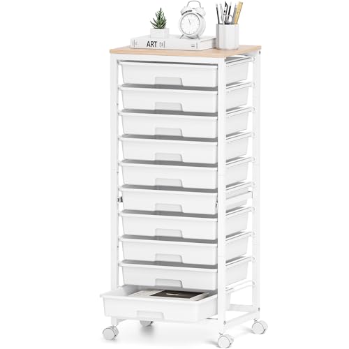 SYKIARIOL Rolling Cart with Drawers,10 Drawer Rolling Cart,Storage Cart with Wheels,Utility Cart with Drawers,Teacher Cart for Classroom Storage,Craft Cart with Wheels and Wooden Tabletop,White - color: white