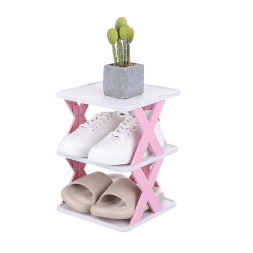 uxcell 3-Tier Plastic Shoe Rack, Vertical Shoe Rack Stackable Storage Organizer Folding Space-Saving Narrow Slot Shelf for Closet Livingroom Entryway Garage, Pink/White - color: Pink/White, size: 10.2x9.4x13.2 Inch