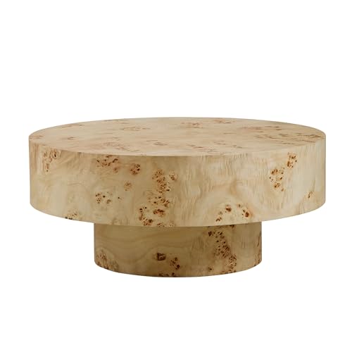 31.49'' Round Coffee Table Modern Wood Coffee Table for Living Room, Contemporary Circle Fluted Drum Pedestal Style, Burl Wood Veneer, Easy Assembly, Natural (ø31.49'' x 13.77'') - color: Ø31.49'' -Natural