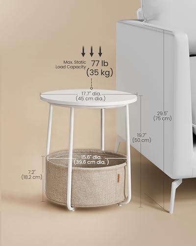 VASAGLE LILEA Collection - Small Round Side End Table, Modern Nightstand with Fabric Basket, Matte White and Camel Brown ULET223W10