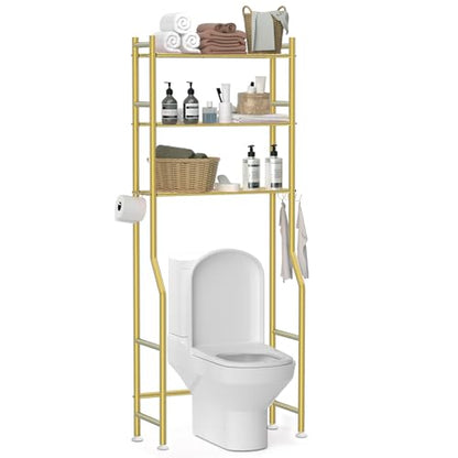 3-Tier Over The Toilet Storage, Freestanding Metal Bathroom Organizer with 4 Hooks & Anti-Tilt Kits, Heavy Duty Space Saver Shelf for Bathroom/Kitchen/Living Room, Gold