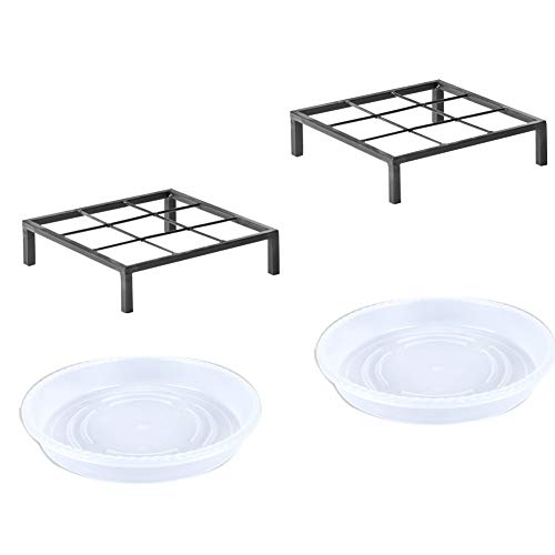 TenFuju 9.8" Metal Heavy Duty Potted Plant Stand Flower Pot Holder with Saucer Indoor Outdoor Rustproof Iron Garden Container Square Supports Rack for Planter ,2 Pack(iron color )