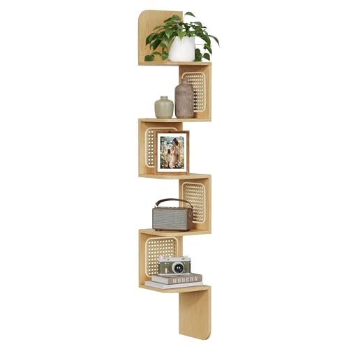 VASAGLE 5-Tier Corner Shelf, Wall Mounted Floating Shelf, Zigzag Corner Shelf Unit, PVC Rattan Sides, Space-Saving, for Kitchen, Living Room, Bedroom, Boho Style, Oak Beige ULLS582YC01S - color: Oak Beige