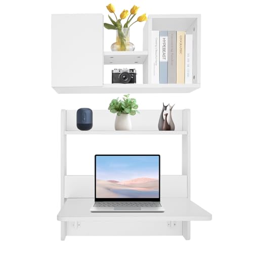 Wall Mounted Bookshelf with Moveable Cabinets, Multifunctional Folding Floating Desk, Fold Down Laptop Table with Storage Shelves for Bedroom Study Room Space Saving Small Space Garage (White) - color: White