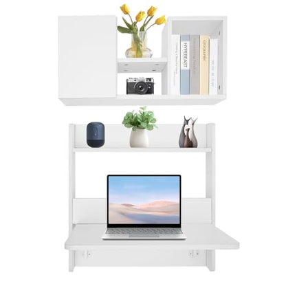 Wall Mounted Bookshelf with Moveable Cabinets, Multifunctional Folding Floating Desk, Fold Down Laptop Table with Storage Shelves for Bedroom Study Room Space Saving Small Space Garage (White) - color: White