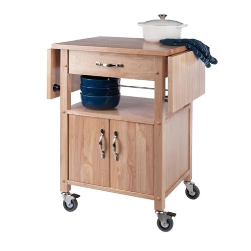 Pemberly Row Solid Wood Butcher Block Kitchen Cart, Natural Finish, Drop Leaf Countertops, Storage Cabinet with Drawer and Shelf, 43.27" W x 20.16" D x 33.27" H, Transitional Style for Kitchen Use
