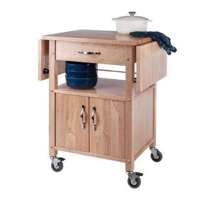 Pemberly Row Solid Wood Butcher Block Kitchen Cart, Natural Finish, Drop Leaf Countertops, Storage Cabinet with Drawer and Shelf, 43.27" W x 20.16" D x 33.27" H, Transitional Style for Kitchen Use