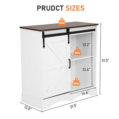 HOMFAMILIA 31.5" H Farmhouse Coffee Bar Cabinet w/Storage, White Kitchen Coffee Station with Sliding Barn Door, Rustic Buffet Cabinet with Adjustable Shelves, for Kitchen, Living Room, White - color: White